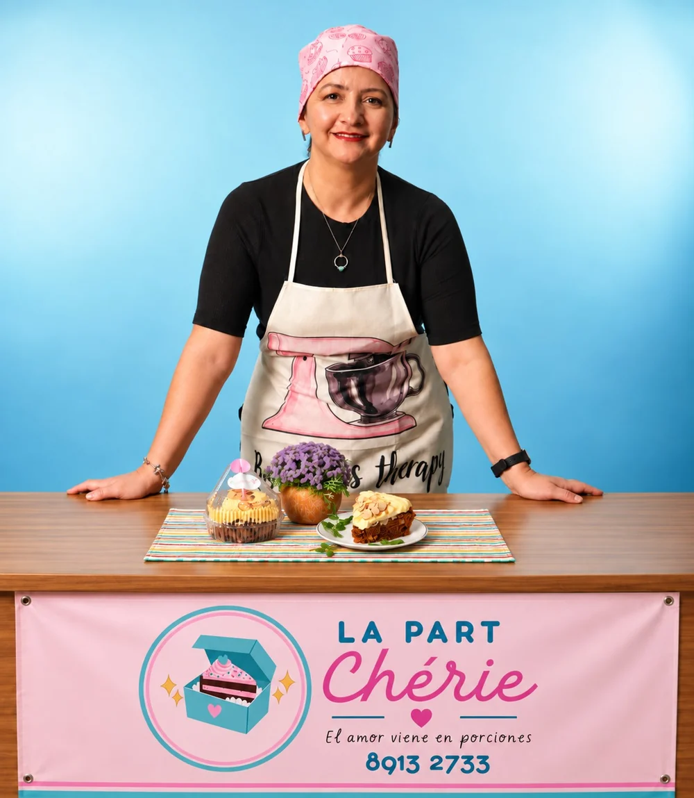 Creadora de La Part Chérie junto a sus productos artesanales
